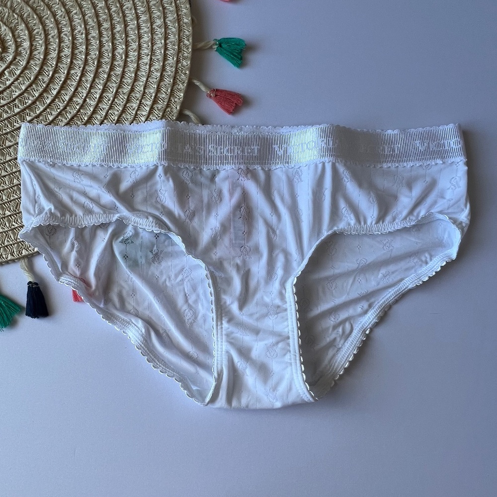 Victoria's Secret Logo Pointelle Hiphugger Panty VS White Small NEW